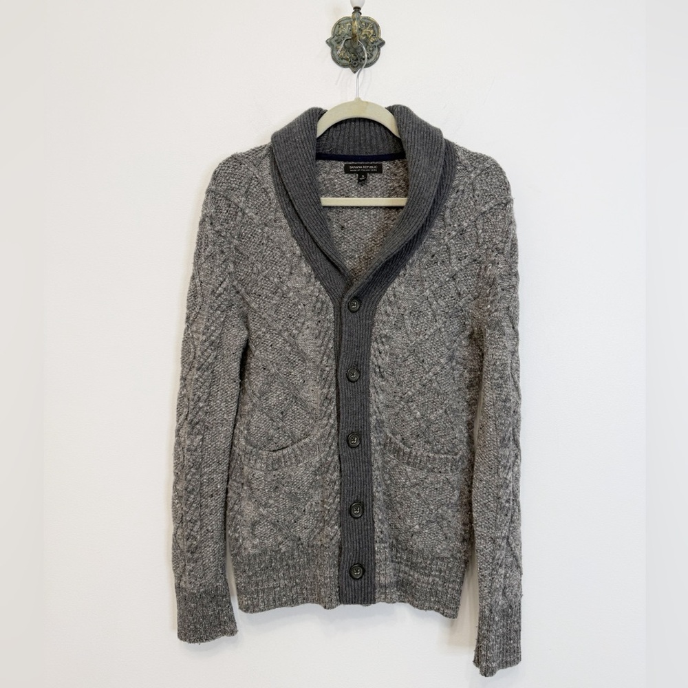 Banana Republic Gray Marled Italian Yarn Chunky Cable Knit Cardigan Sweater